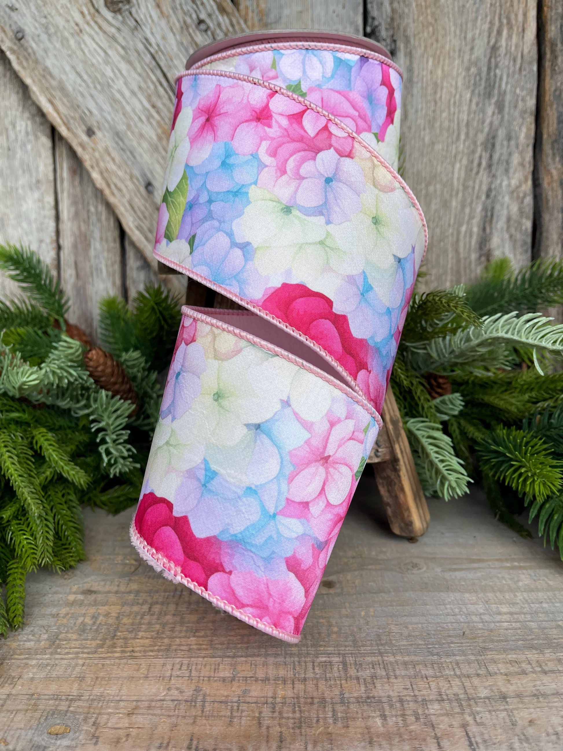 4" Hydrangea Ribbon, Farrisilk Ribbon, Spring Ribbon, Floral Ribbon, Wired Ribbon, Easter Ribbon, Pink, SR035-32