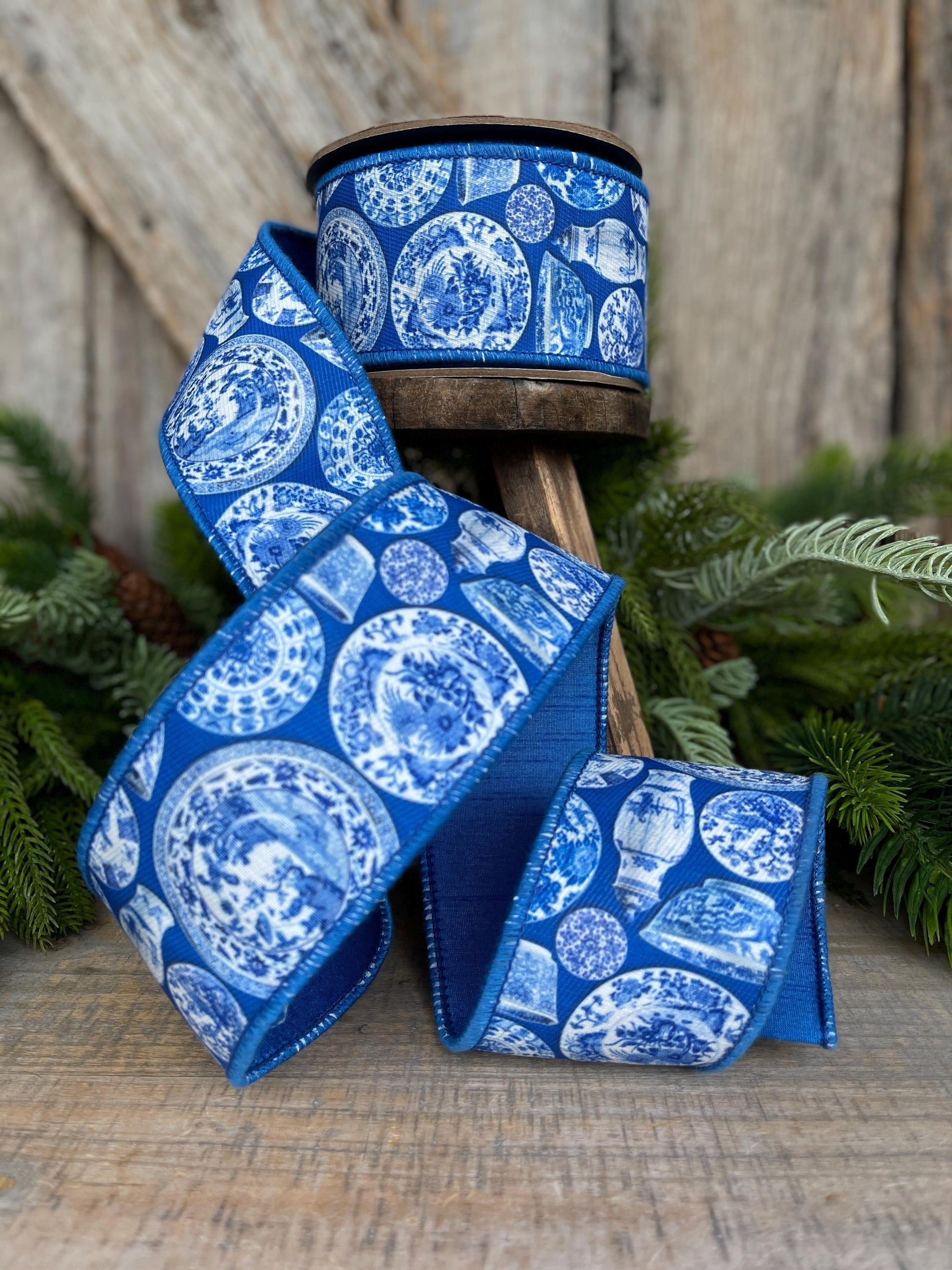 2.5" Blue Chinoiserie Ribbon, Blue and White Chinoiserie Ribbon, Wired RIbbon