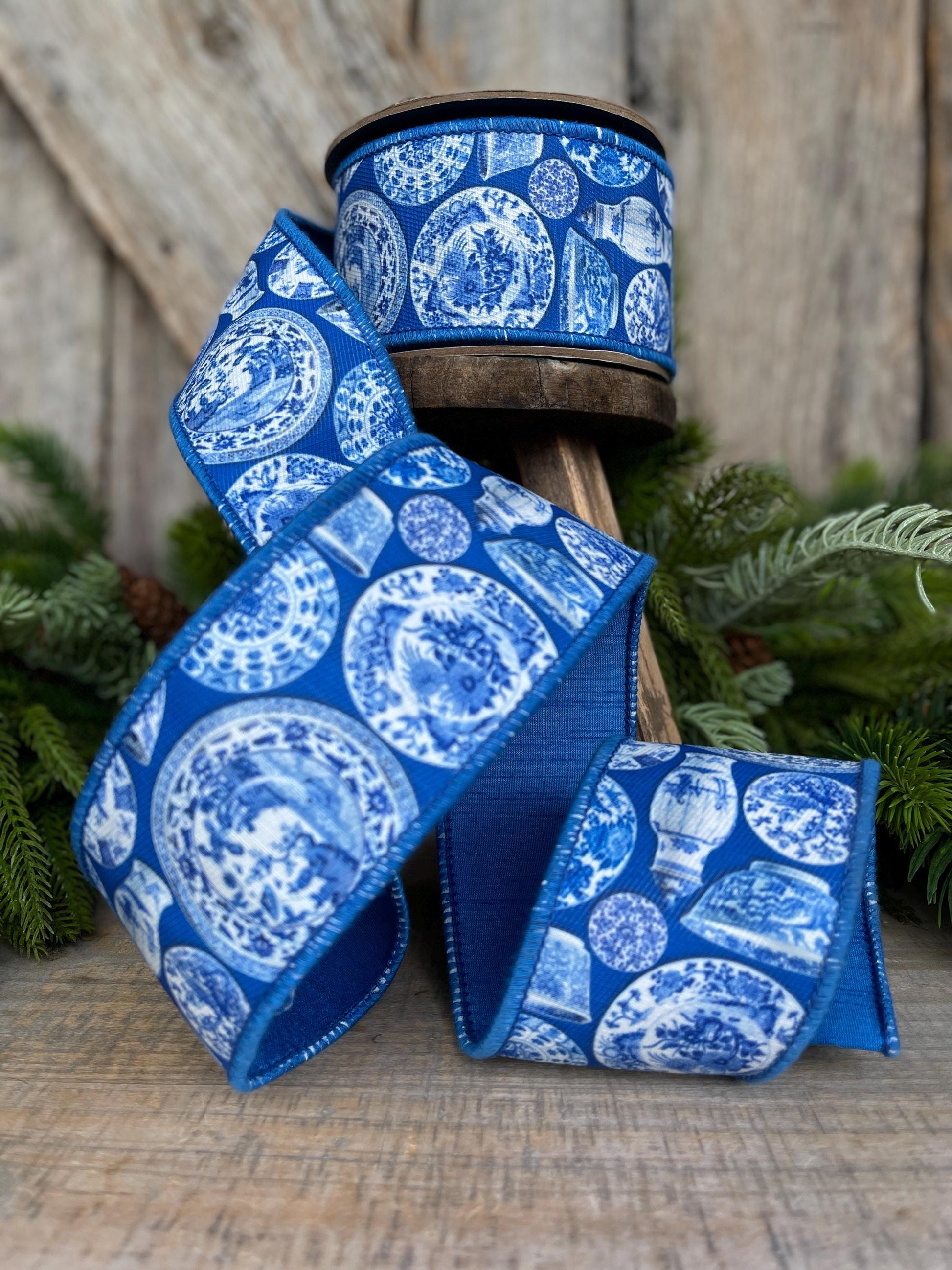 2.5" Blue Chinoiserie Ribbon, Blue and White Chinoiserie Ribbon, Wired RIbbon