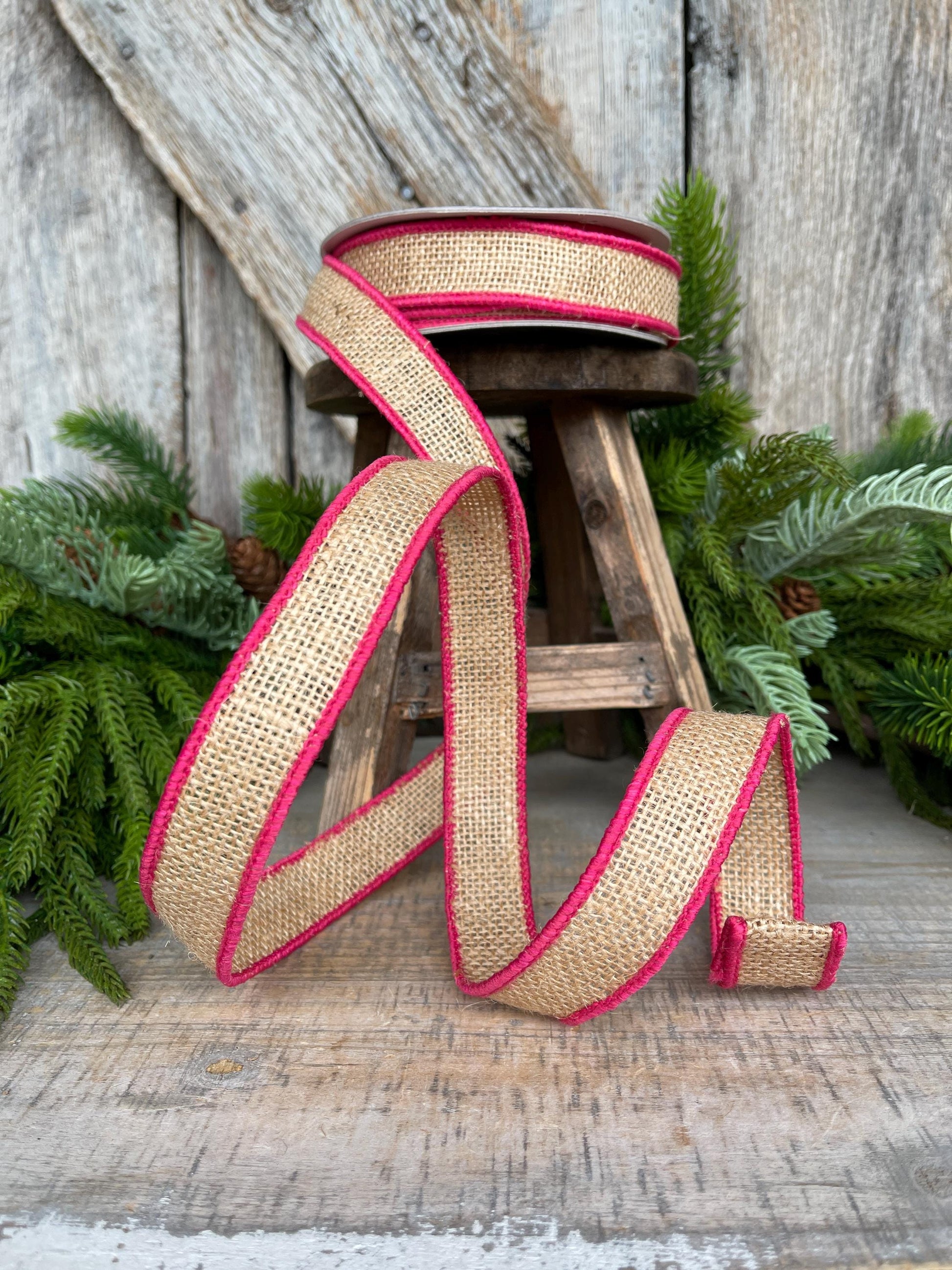 1" Hot Pink Burlap Accent Ribbon, Farrisilk Ribbon, Wired Ribbon, Burlap Ribbon, Designer Ribbon, SR096-08