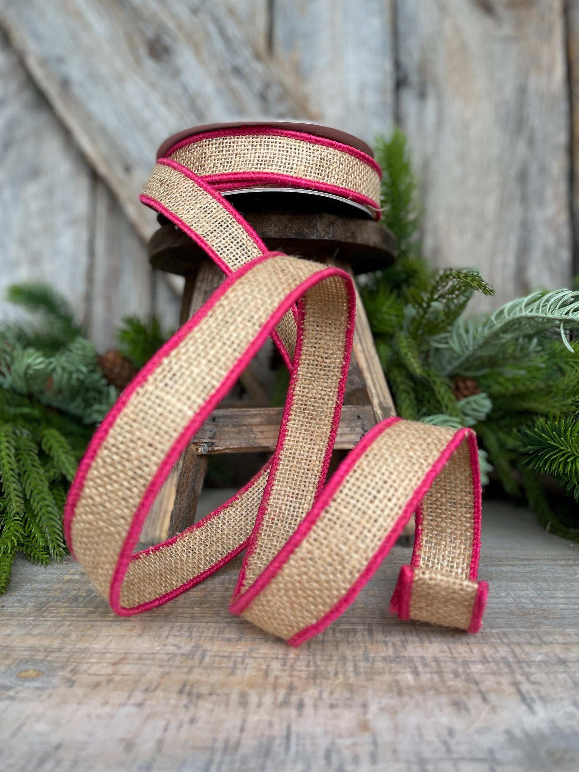 1" Hot Pink Burlap Accent Ribbon, Farrisilk Ribbon, Wired Ribbon, Burlap Ribbon, Designer Ribbon, SR096-08