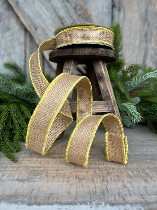 1" Yellow Burlap Accent Ribbon, Farrisilk Ribbon, Wired Ribbon
