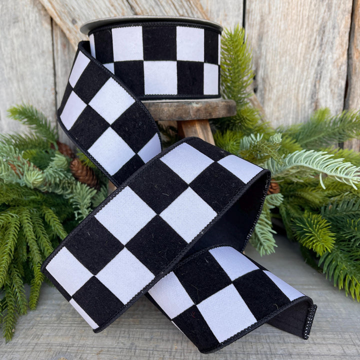2.5" Black White Maxi Check Ribbon, Wired Ribbon, Farrisilk Ribbon