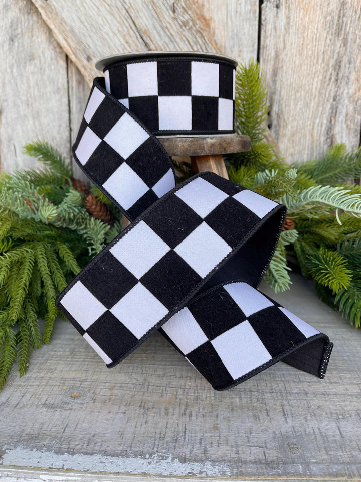 2.5" Black White Maxi Check Ribbon, Wired Ribbon, Farrisilk Ribbon