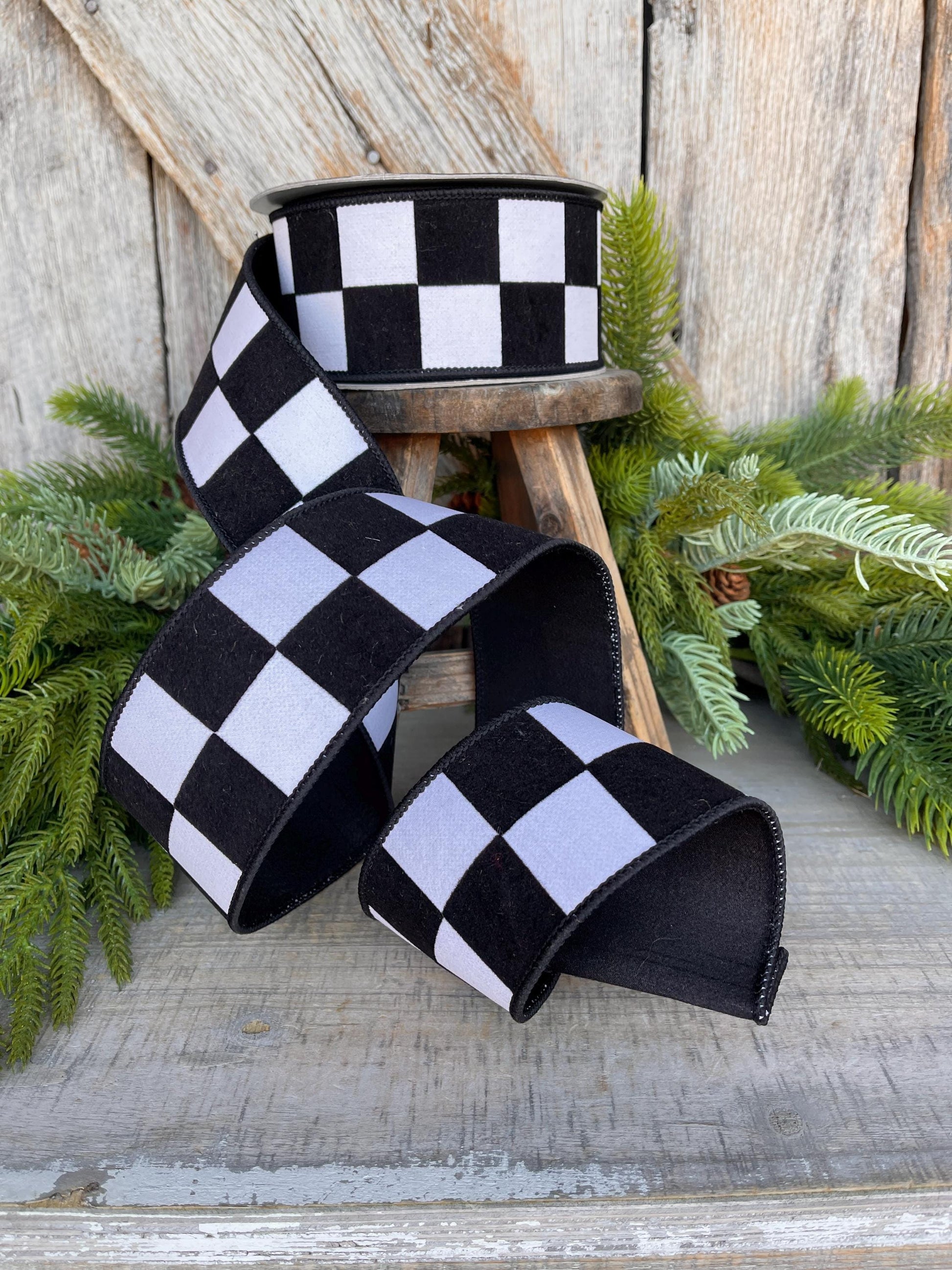 2.5" Black White Maxi Check Ribbon, Wired Ribbon, Farrisilk Ribbon, Black White Check Ribbon, SR006-92