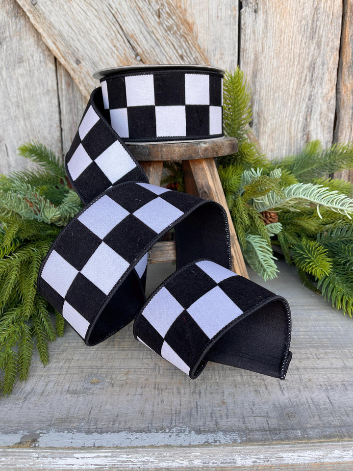 2.5" Black White Maxi Check Ribbon, Wired Ribbon, Farrisilk Ribbon