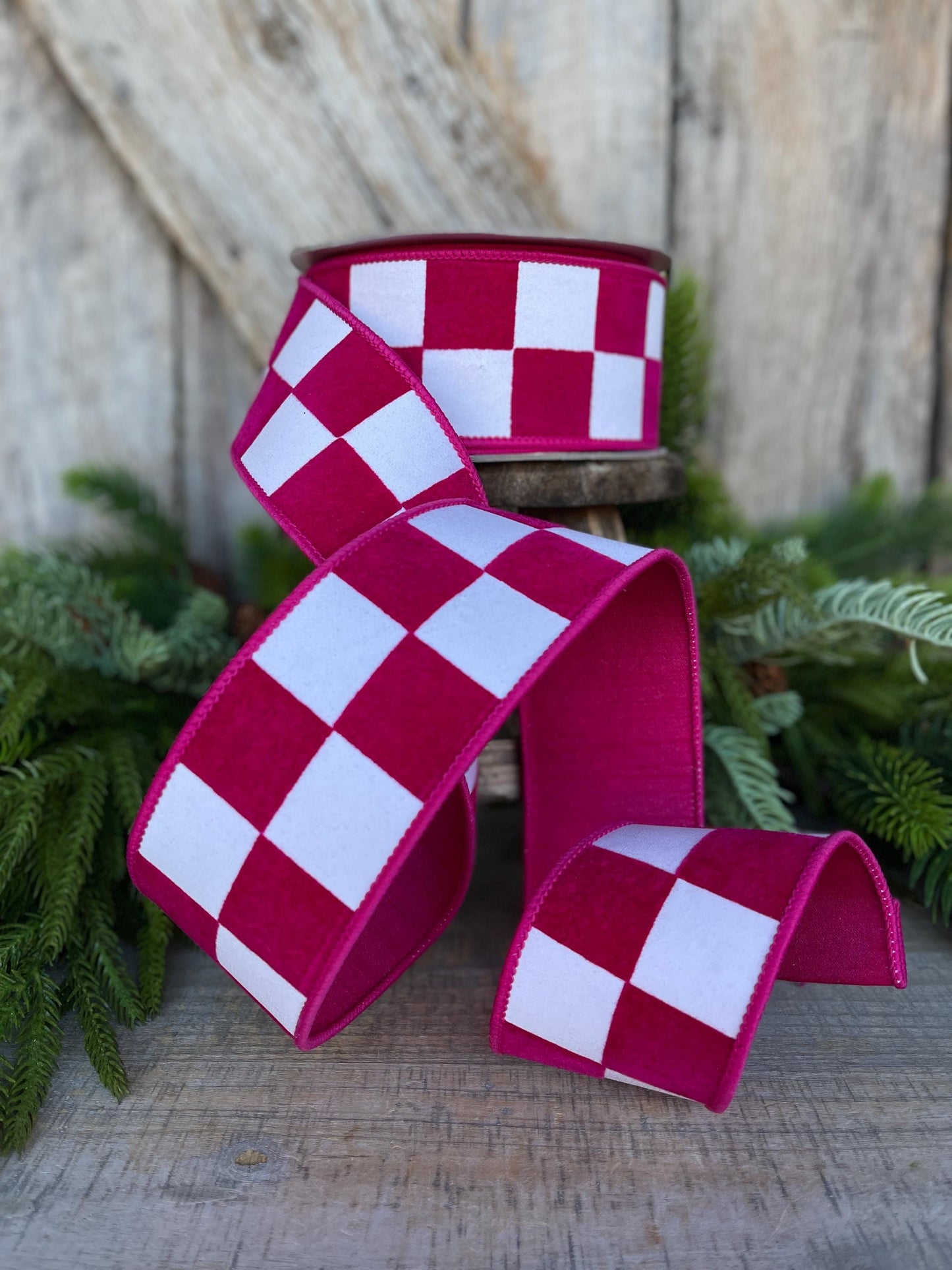 2.5" Hot Pink Maxi Check Ribbon, Wired Ribbon, Farrisilk Ribbon, Hot Pink White Check Ribbon, SR006-08