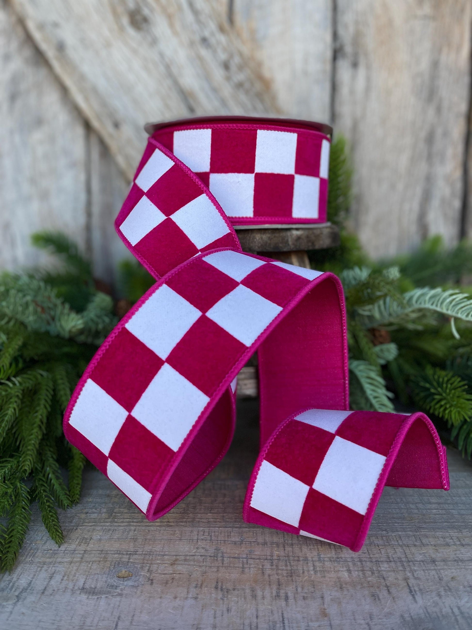 2.5" Hot Pink Maxi Check Ribbon, Wired Ribbon, Farrisilk Ribbon, Hot Pink White Check Ribbon, SR006-08