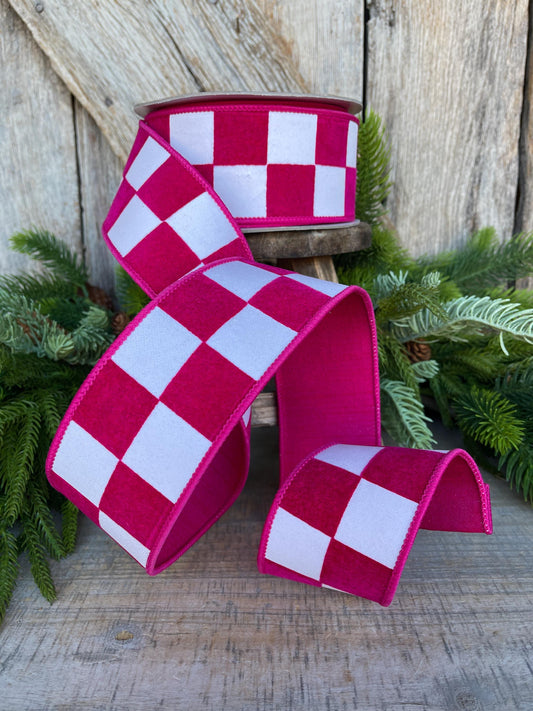 2.5" Hot Pink Maxi Check Ribbon, Wired Ribbon, Farrisilk Ribbon, Hot Pink White Check Ribbon, SR006-08