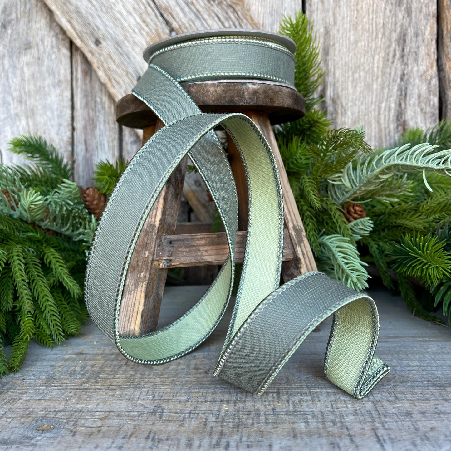 1" Sage Green Ribbon, Farrisilk Ribbon, Wired Ribbon, Sage Green Linen Tones Ribbon, 2 Tone Ribbon, Green Ribbon, SR119-85
