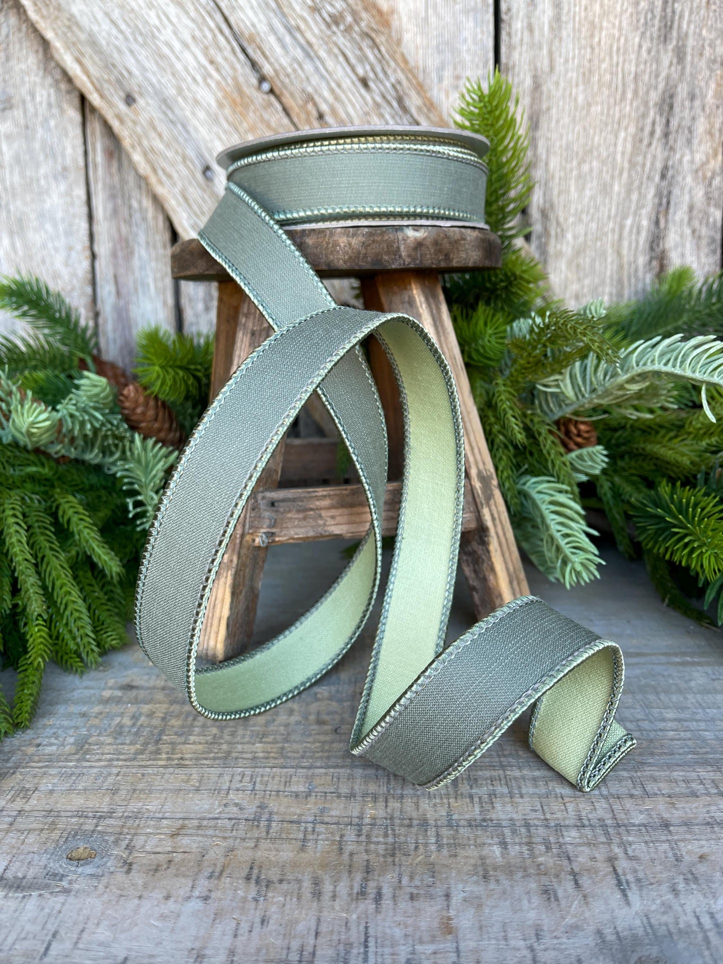 1" Sage Green Ribbon, Farrisilk Ribbon, Wired Ribbon, Sage Green Linen Tones Ribbon, 2 Tone Ribbon, Green Ribbon, SR119-85