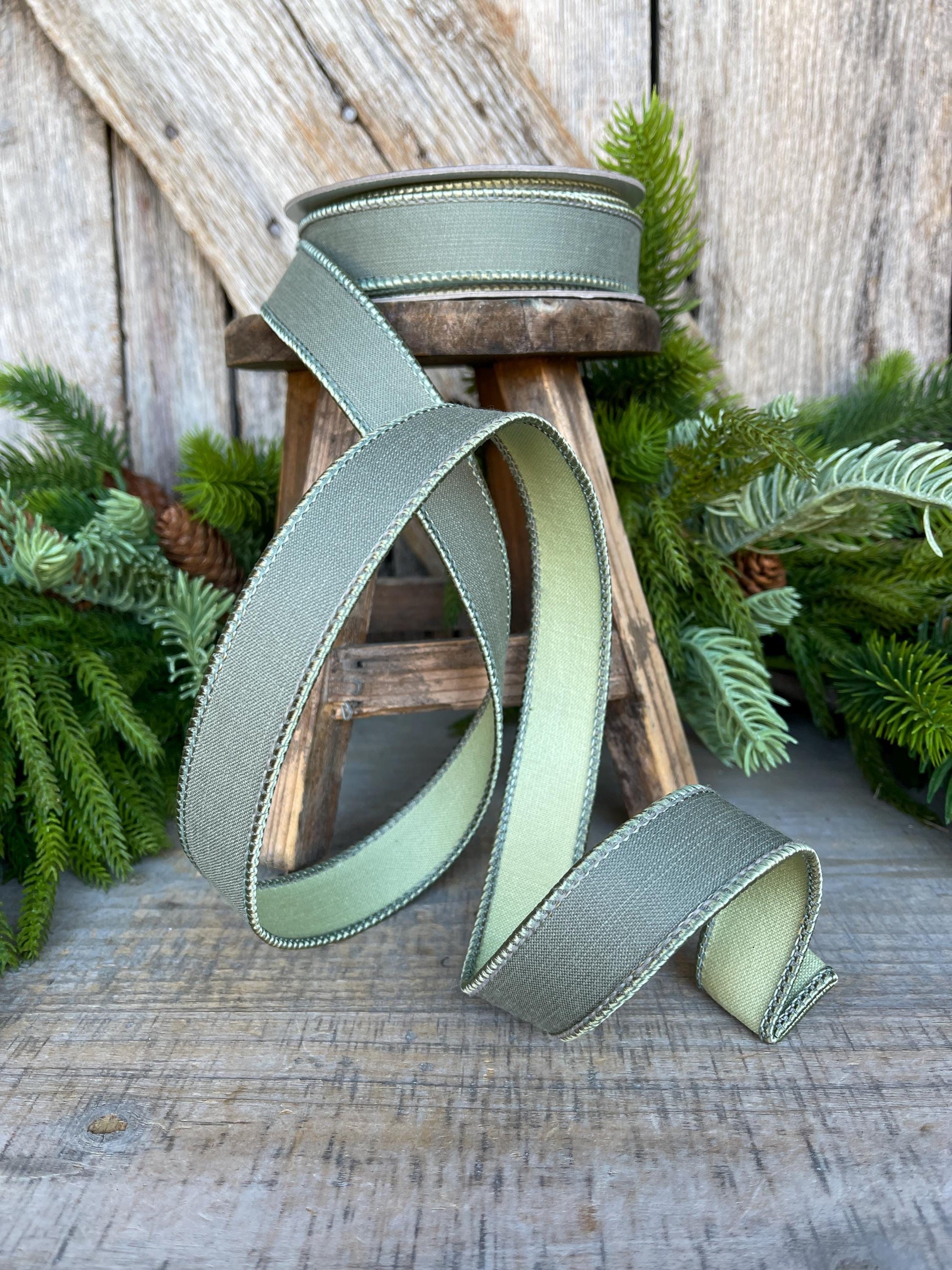 1" Sage Green Ribbon, Farrisilk Ribbon, Wired Ribbon, Sage Green Linen Tones Ribbon, 2 Tone Ribbon, Green Ribbon, SR119-85