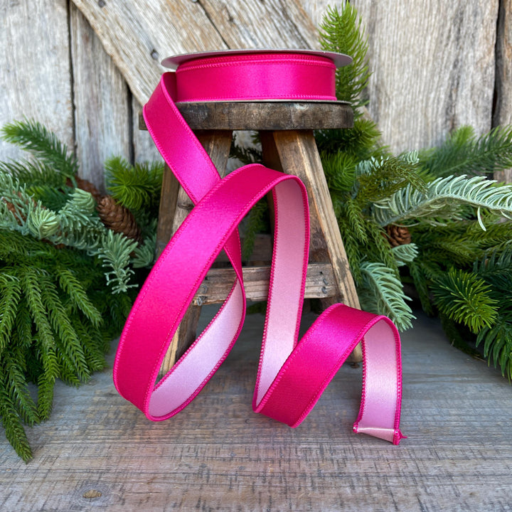 1" Hot Pink Light Pink Wired Satin Ribbon, Farrisilk Ribbon, Duo Satin Ribbon