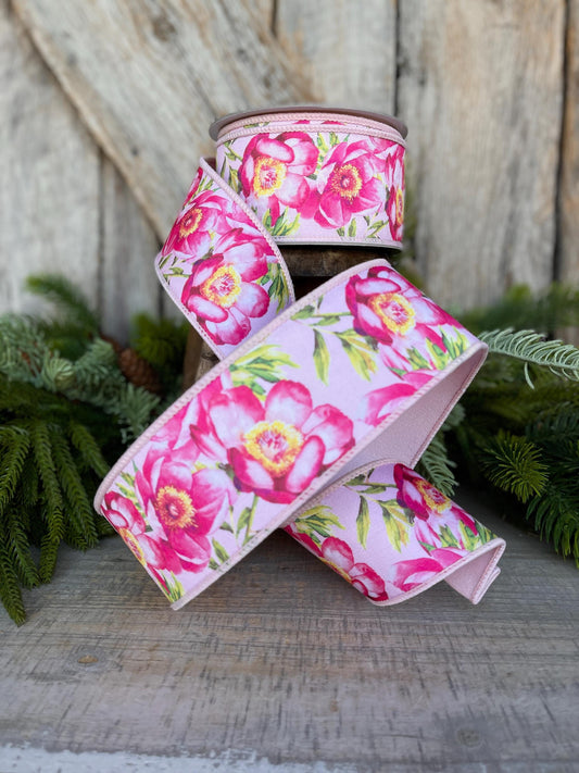 2.5" Spring Poppies ribbon, Farrisilk Ribbon, Pink Poppy Ribbon, Red Ribbon, Wired RIbbon, Designer RIbbon, SR069-22