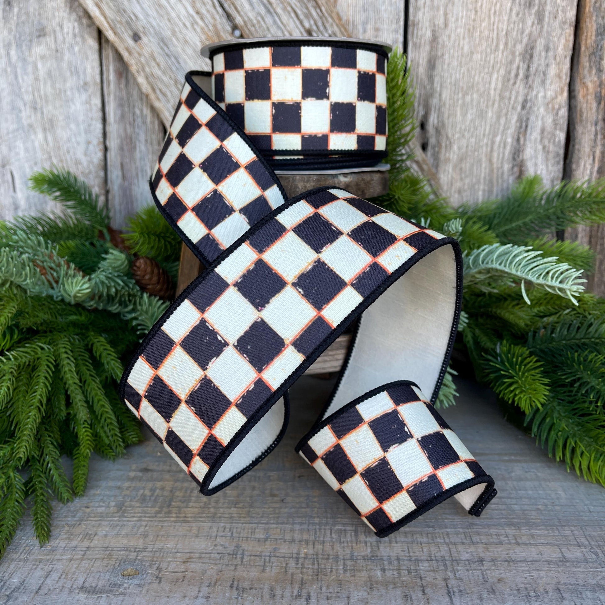 2.5" Black White Galery Checkered Ribbon, Wired Ribbon, Farrisilk Ribbon, Black White Check Ribbon, SR008-92