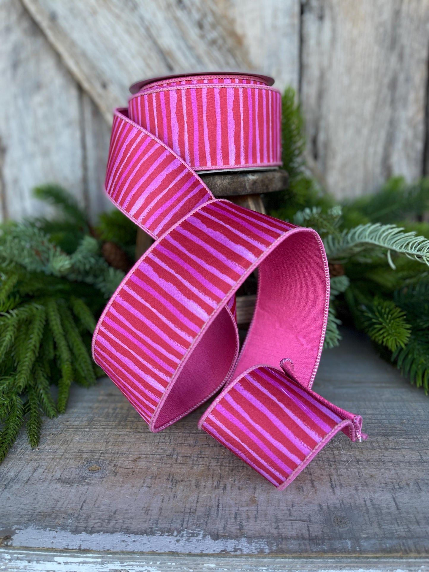 2.5" Red Pink Stripe Ribbon, Farrisilk Ribbon, Wired Ribbon