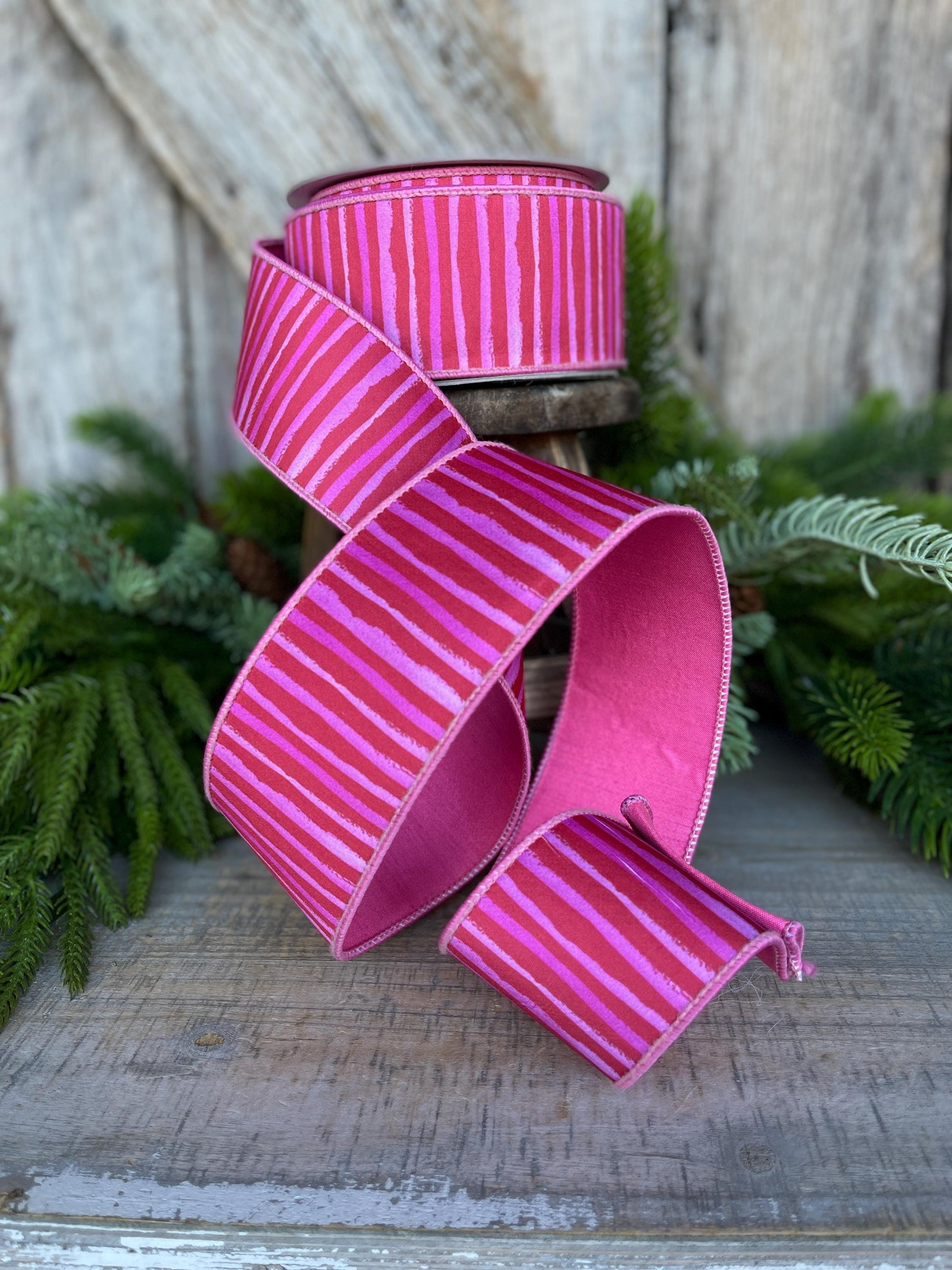 2.5" Red Pink Stripe Ribbon, Farrisilk Ribbon, Wired Ribbon