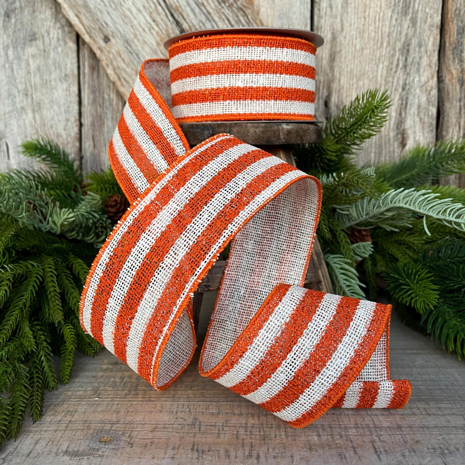 2.5" Orange White Scarecrow Stripes Ribbon, Farrisilk Ribbon, Fall Ribbon, Halloween Ribbon, Wired Ribbon, RS097-52