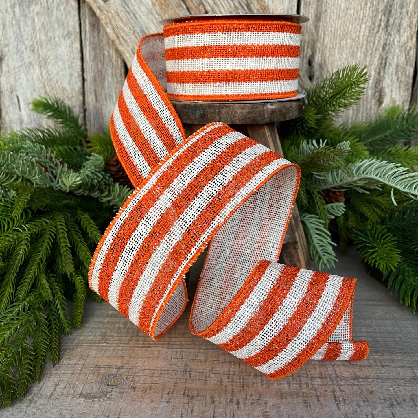 2.5" Orange White Scarecrow Stripes Ribbon, Farrisilk Ribbon, Fall Ribbon, Halloween Ribbon, Wired Ribbon, RS097-52