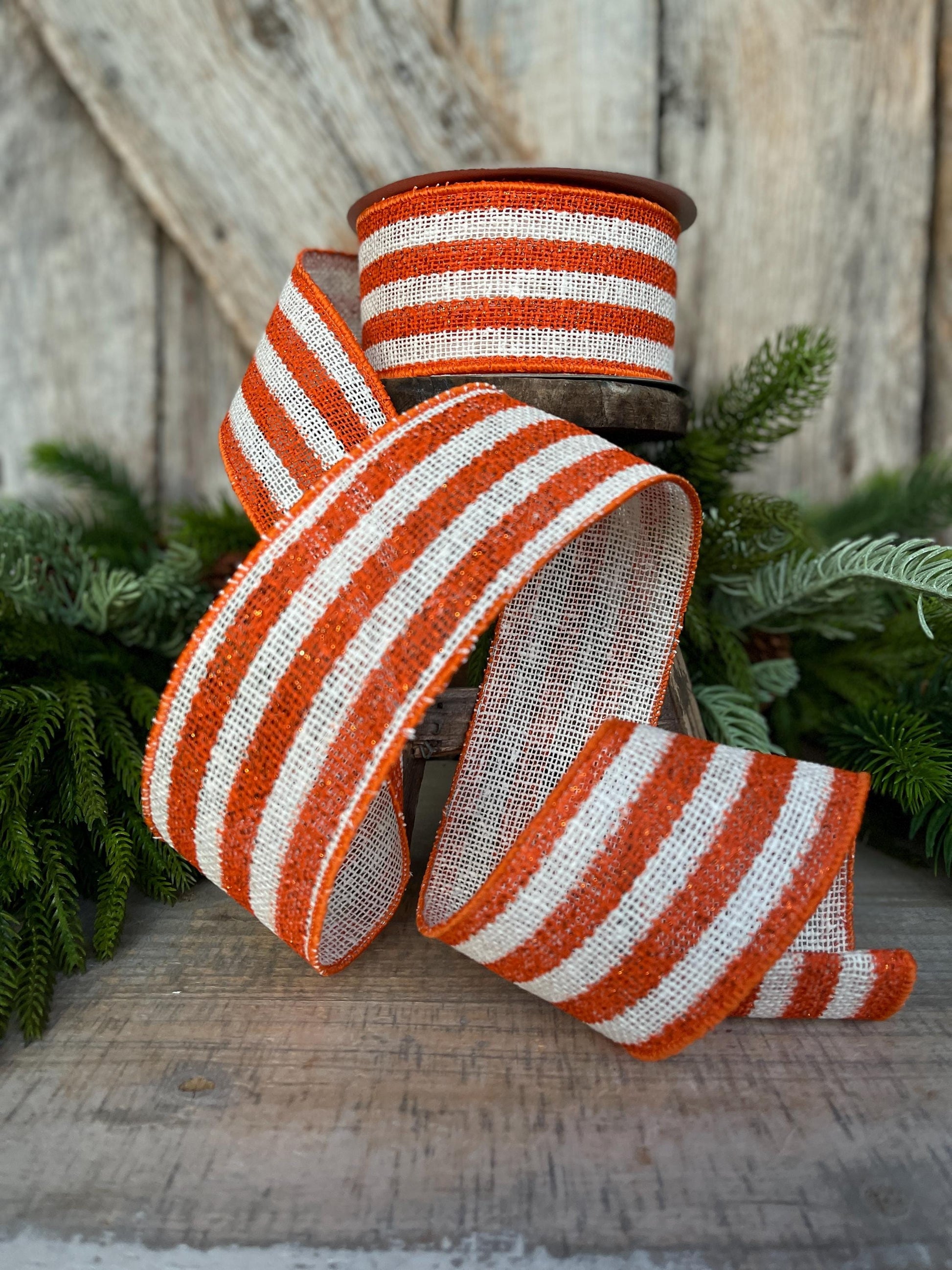 2.5" Orange White Scarecrow Stripes Ribbon, Farrisilk Ribbon, Fall Ribbon, Halloween Ribbon, Wired Ribbon, RS097-52