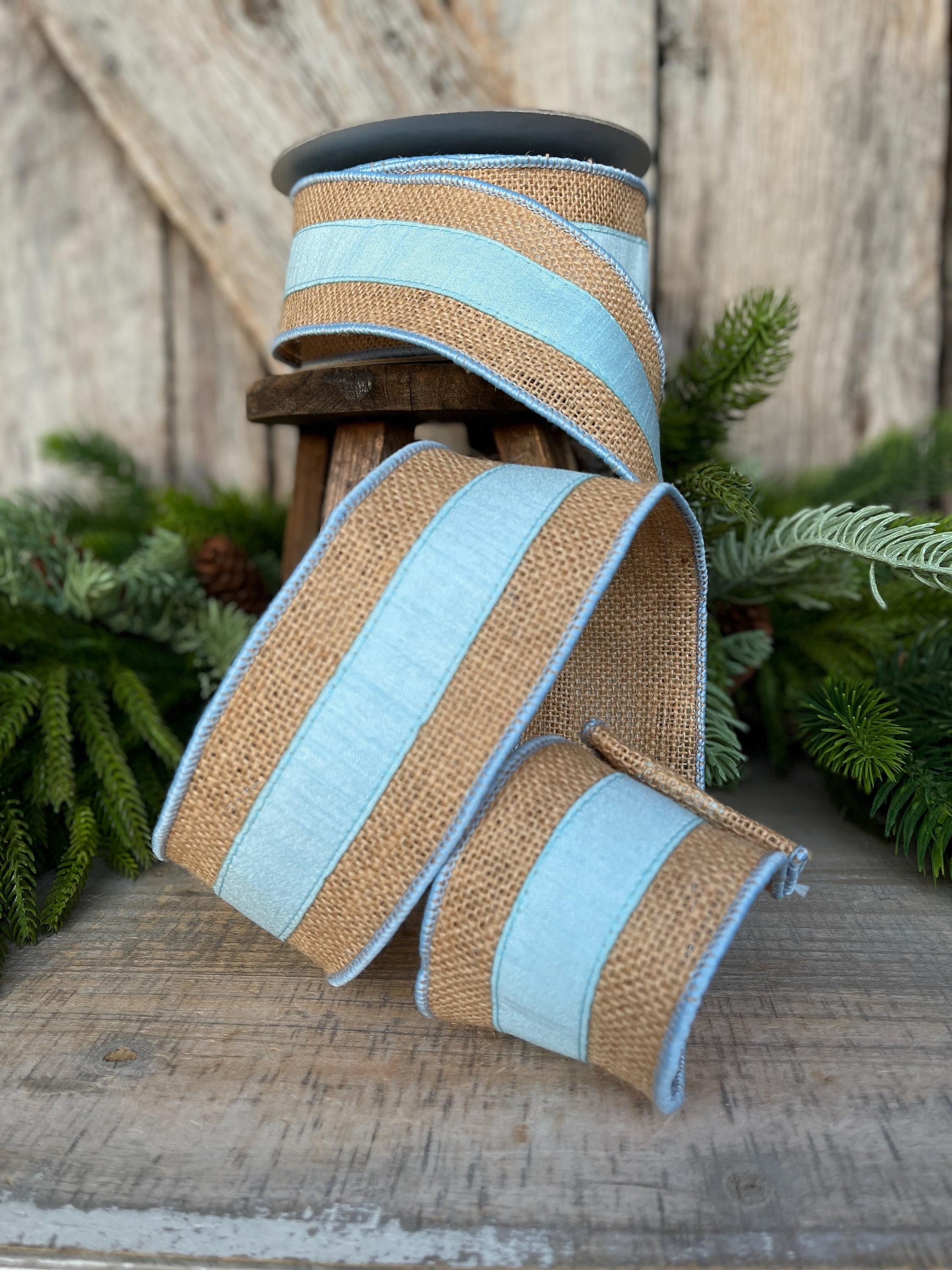 2.5" Light Blue Burlap Border Ribbon, Farrisilk Ribbon, Wired Ribbon