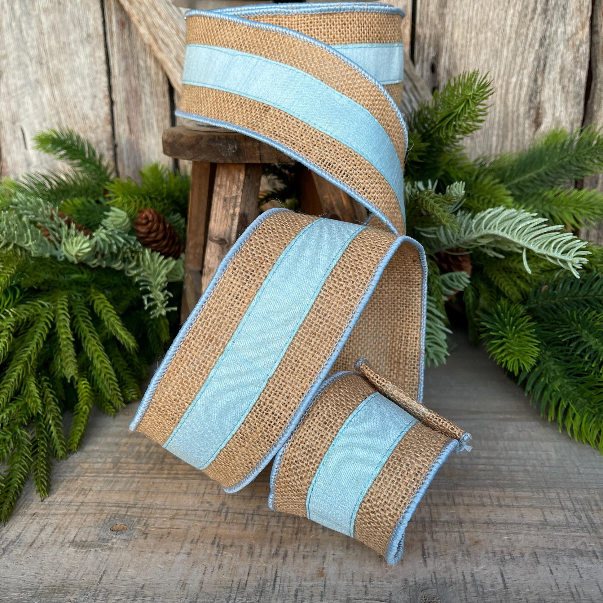 2.5" Light Blue Burlap Border Ribbon, Farrisilk Ribbon, Wired Ribbon