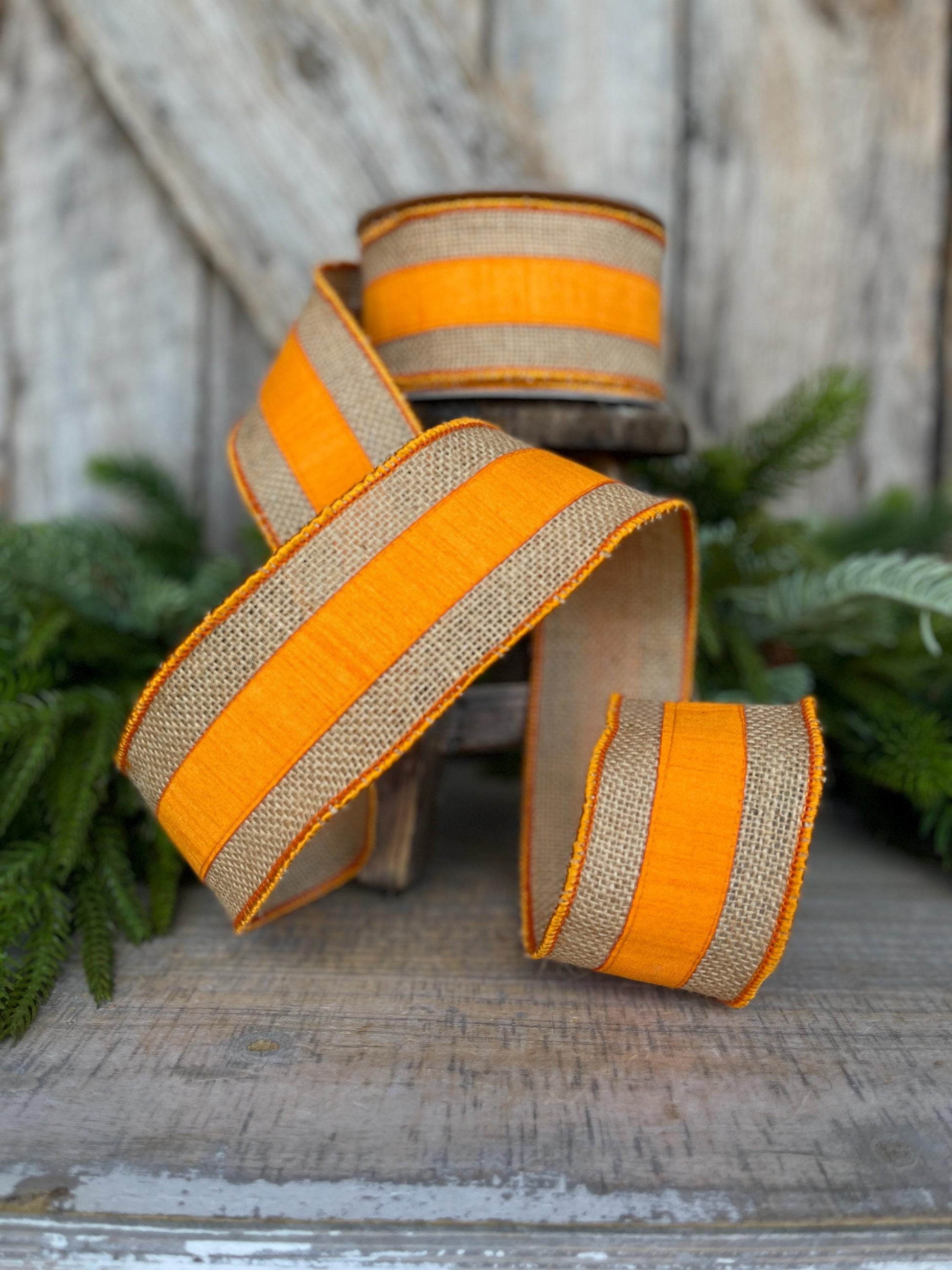 2.5" Orange Burlap Border Ribbon, Farrisilk Ribbon, Wired Ribbon, Fall Ribbon, Orange Ribbon, Halloween, Burlap Ribbon, SR094-52