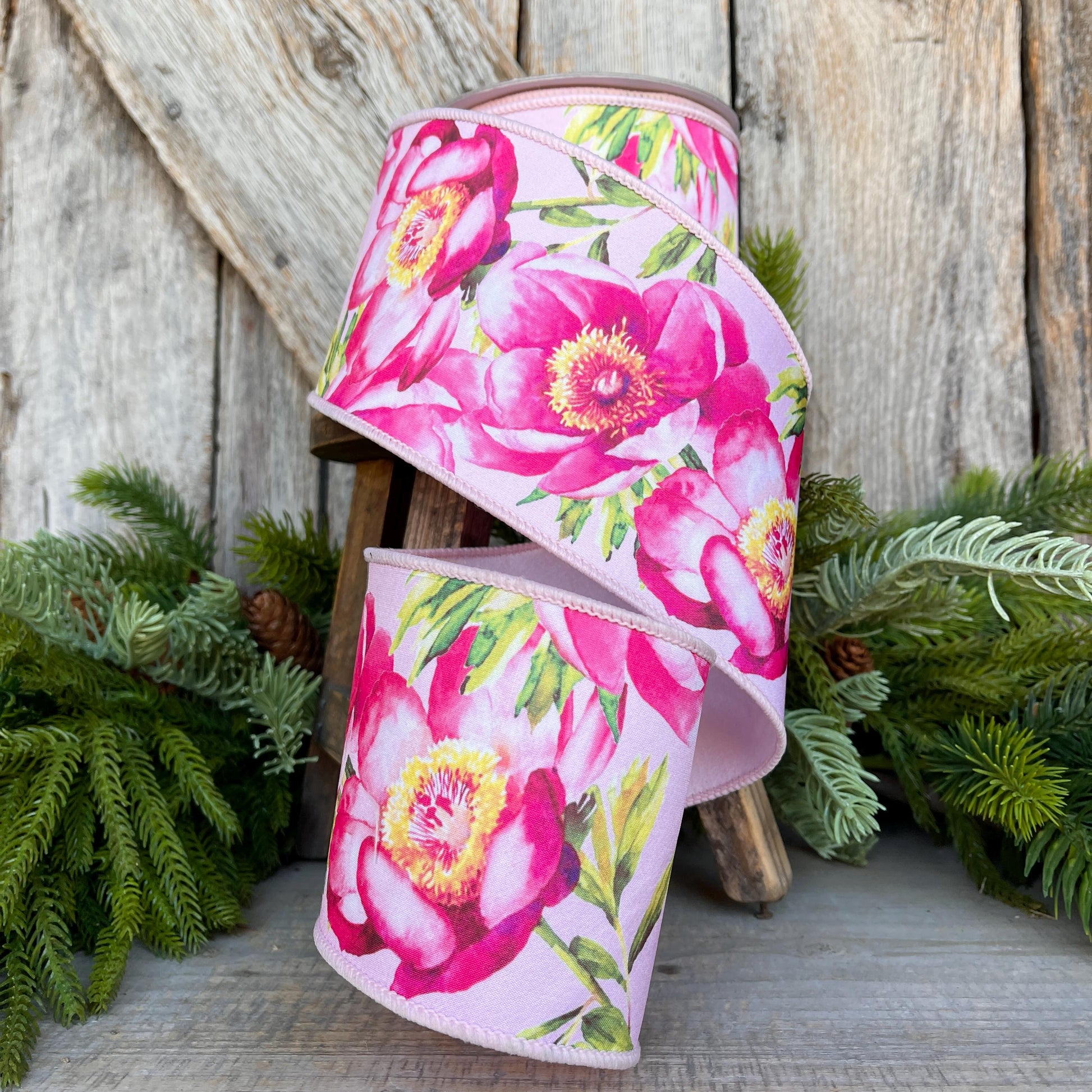 4" Spring Poppies ribbon, Farrisilk Ribbon, Pink Poppy Ribbon, Red Ribbon, Wired RIbbon, Designer RIbbon, SR070-22