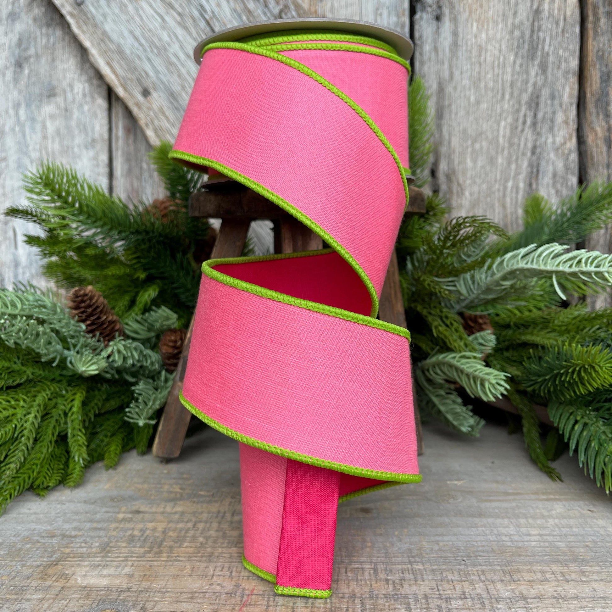 2.5" Pink Lime Green Ribbon, Farrisilk Ribbon, Wired Ribbon