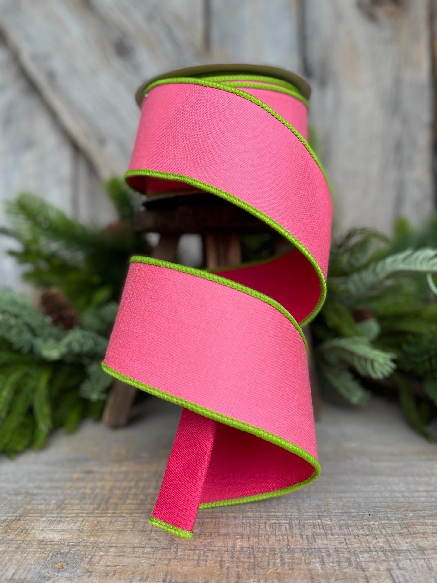 2.5" Pink Lime Green Ribbon, Farrisilk Ribbon, Wired Ribbon