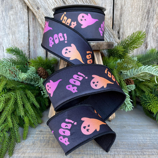 2.5" Boo Halloween Ribbon, Farrisilk Ribbon, Wired Ribbon, Black Purple Orange Boo Ribbon, Halloween Ribbon, HR052-32