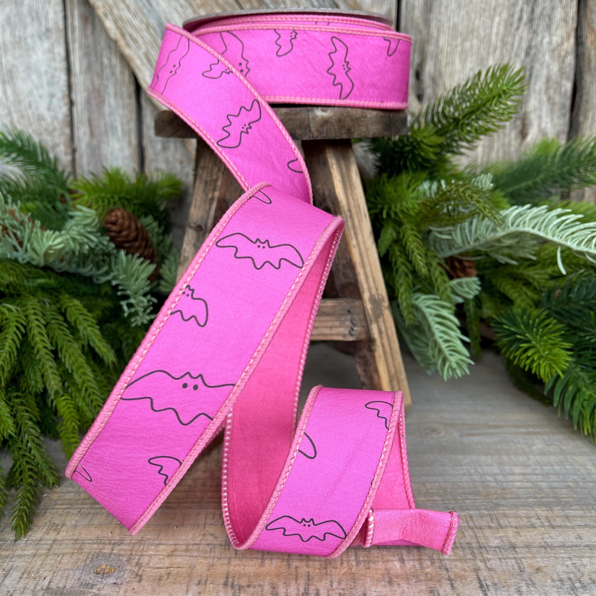 1.5" Pink Bat Ribbon, Farrisilk Ribbon, Halloween Ribbon, Pink Halloween Ribbon, Pink and Black Halloween Ribbon, Wired Ribbon, HR051-08