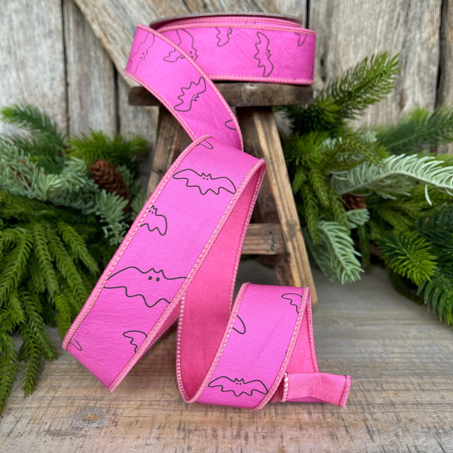 1.5" Pink Bat Ribbon, Farrisilk Ribbon, Halloween Ribbon, Pink Halloween Ribbon, Pink and Black Halloween Ribbon, Wired Ribbon, HR051-08