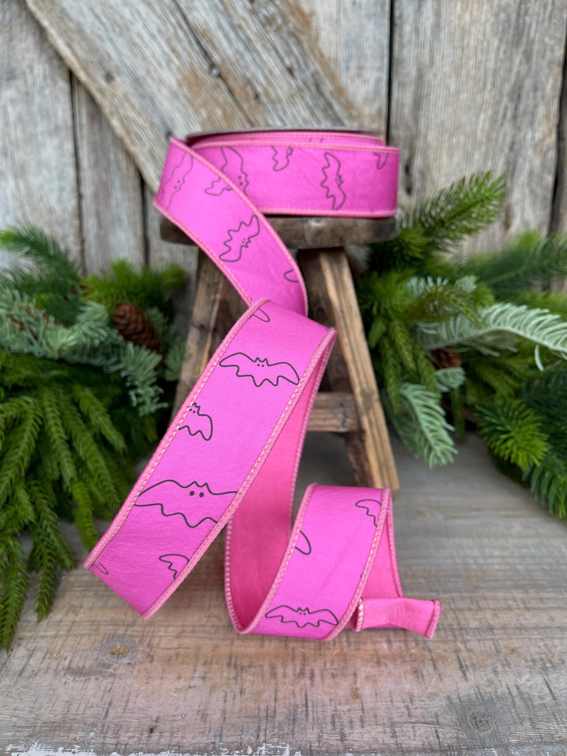 1.5" Pink Bat Ribbon, Farrisilk Ribbon, Halloween Ribbon, Pink Halloween Ribbon, Pink and Black Halloween Ribbon, Wired Ribbon, HR051-08
