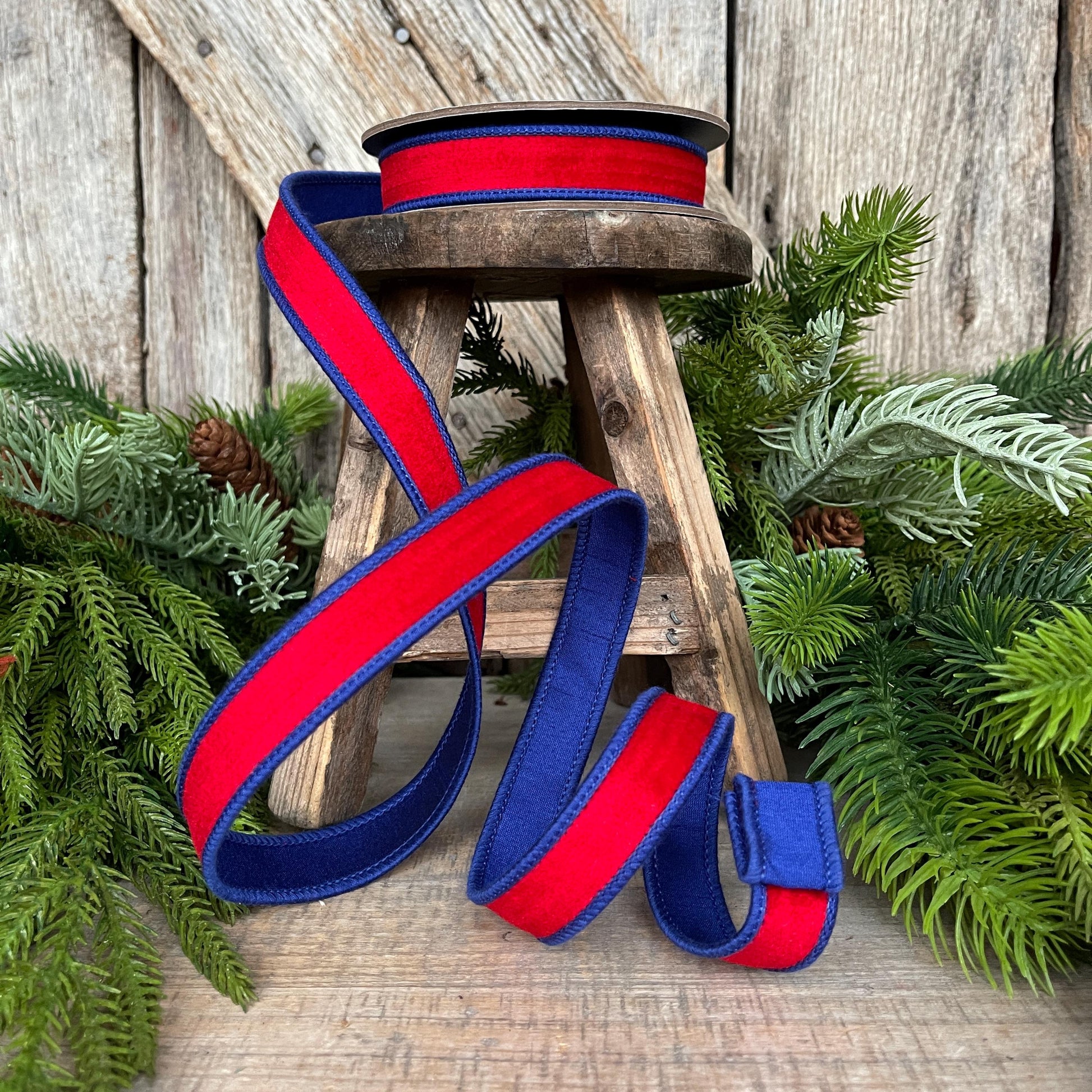 7/8" Patriotic Ribbon, Red Blue Velvet Ribbon, Wired Ribbon, 4th of July Ribbon, 94636W-250-05D