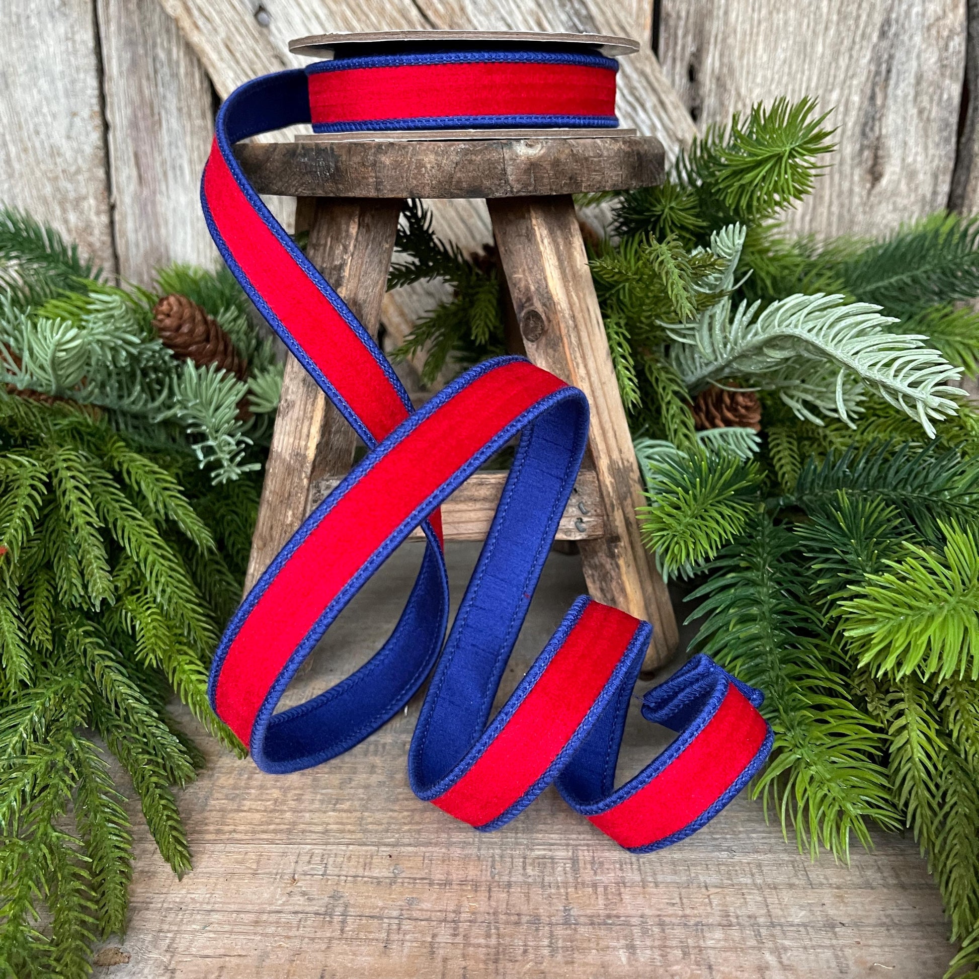 7/8" Patriotic Ribbon, Red Blue Velvet Ribbon, Wired Ribbon, 4th of July Ribbon, 94636W-250-05D