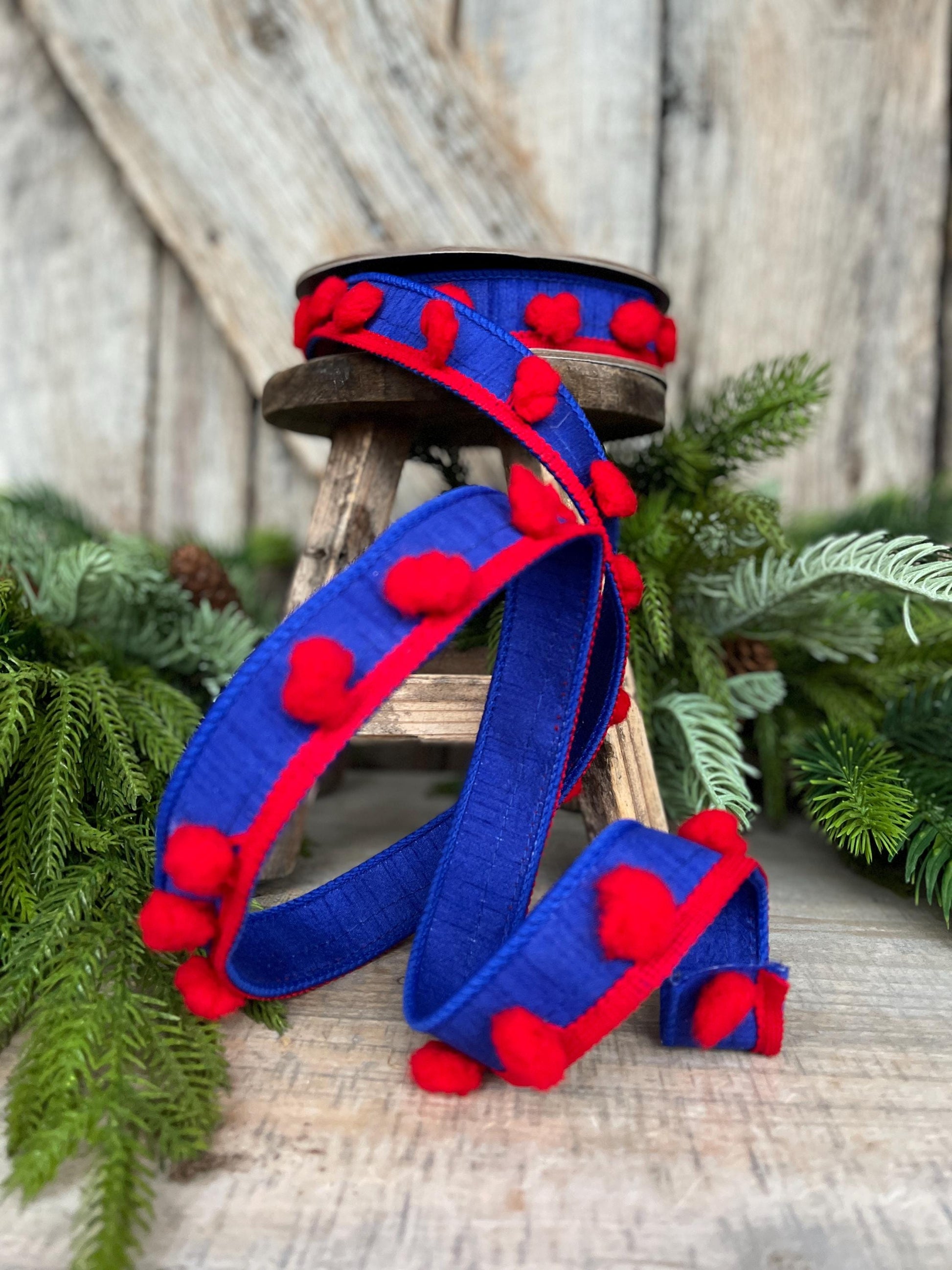 1" Patriotic Wired Ribbon, Pom Pom Ribbon Americana Ribbon, 4th of July Decor, 94597W-941-05D