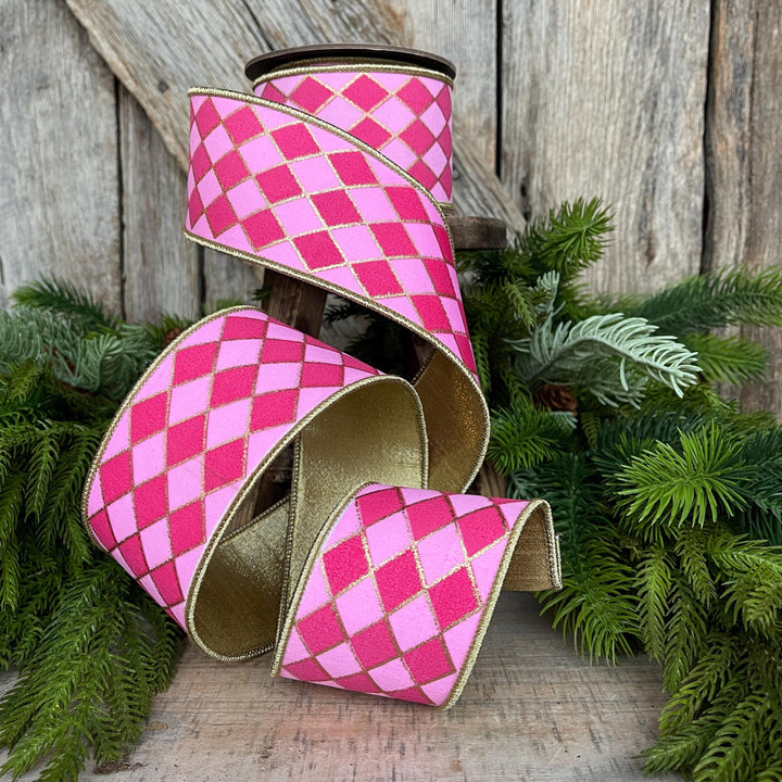2.5" Pink Harlequin Ribbon, Wired Ribbon