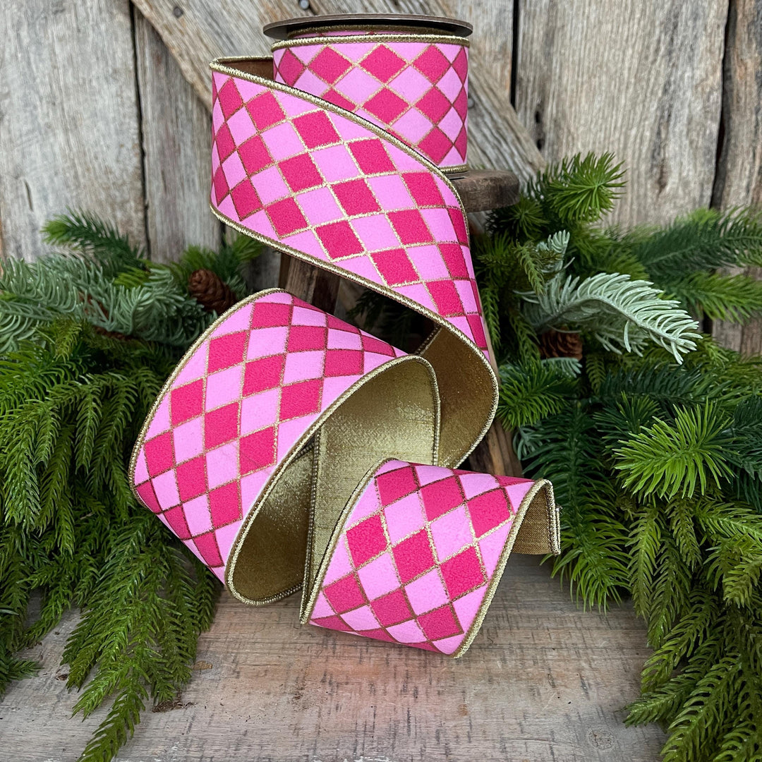 2.5" Pink Harlequin Ribbon, Wired Ribbon, Designer Ribbon