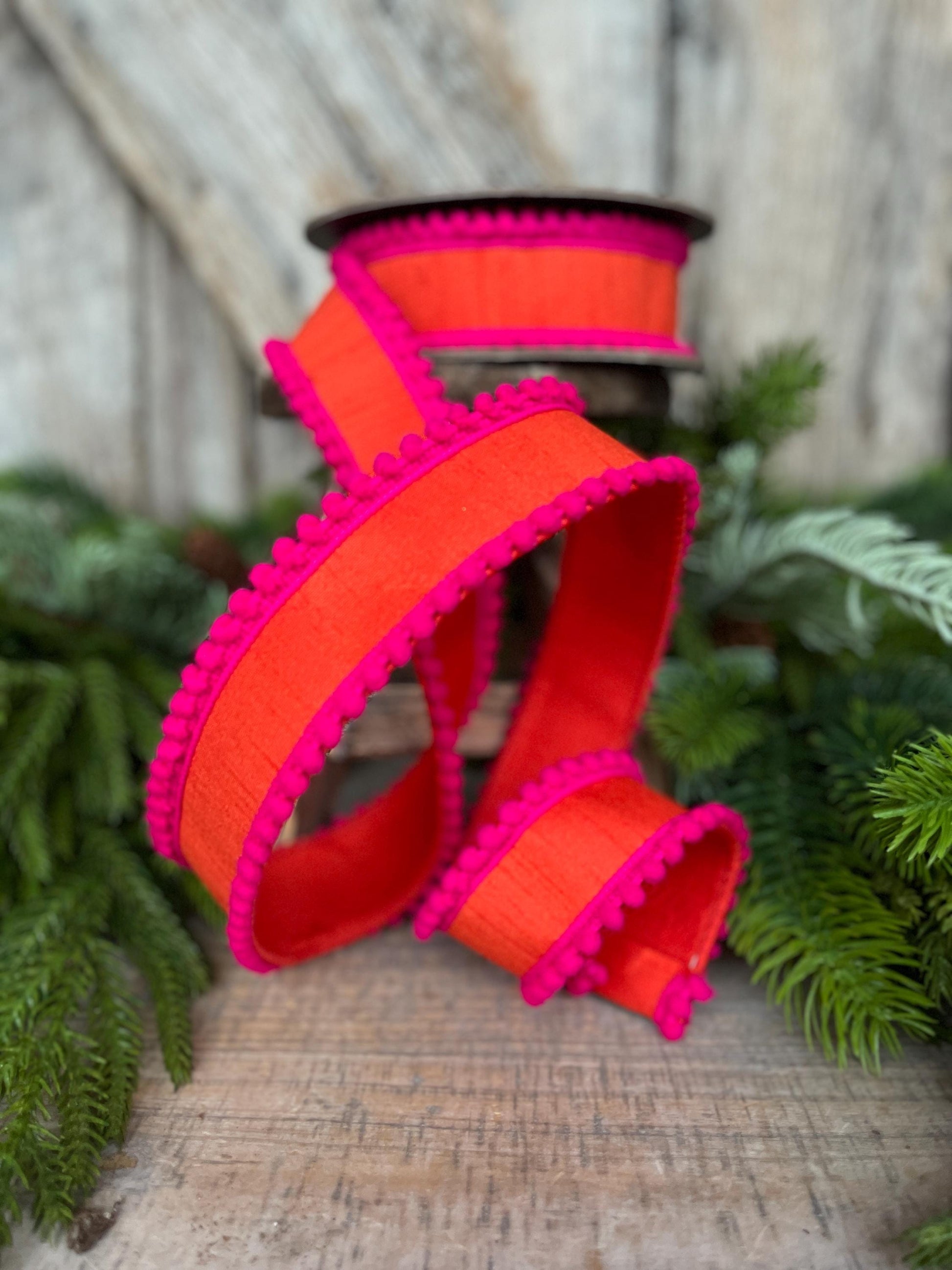 1.5" Orange Hot Pink Ribbon, Wired Ribbon, Designer Ribbon, Orange Ribbon, Pom Pom Ribbon, 94596W-187-09D