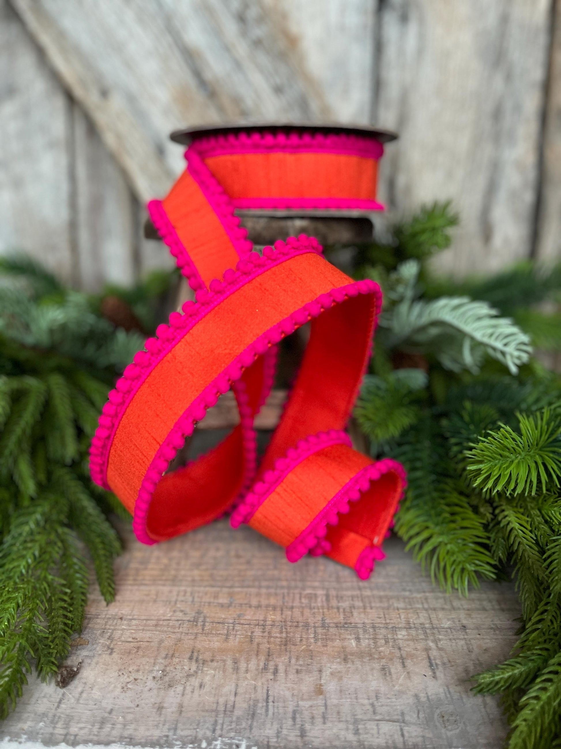 1.5" Orange Hot Pink Ribbon, Wired Ribbon, Designer Ribbon, Orange Ribbon, Pom Pom Ribbon, 94596W-187-09D