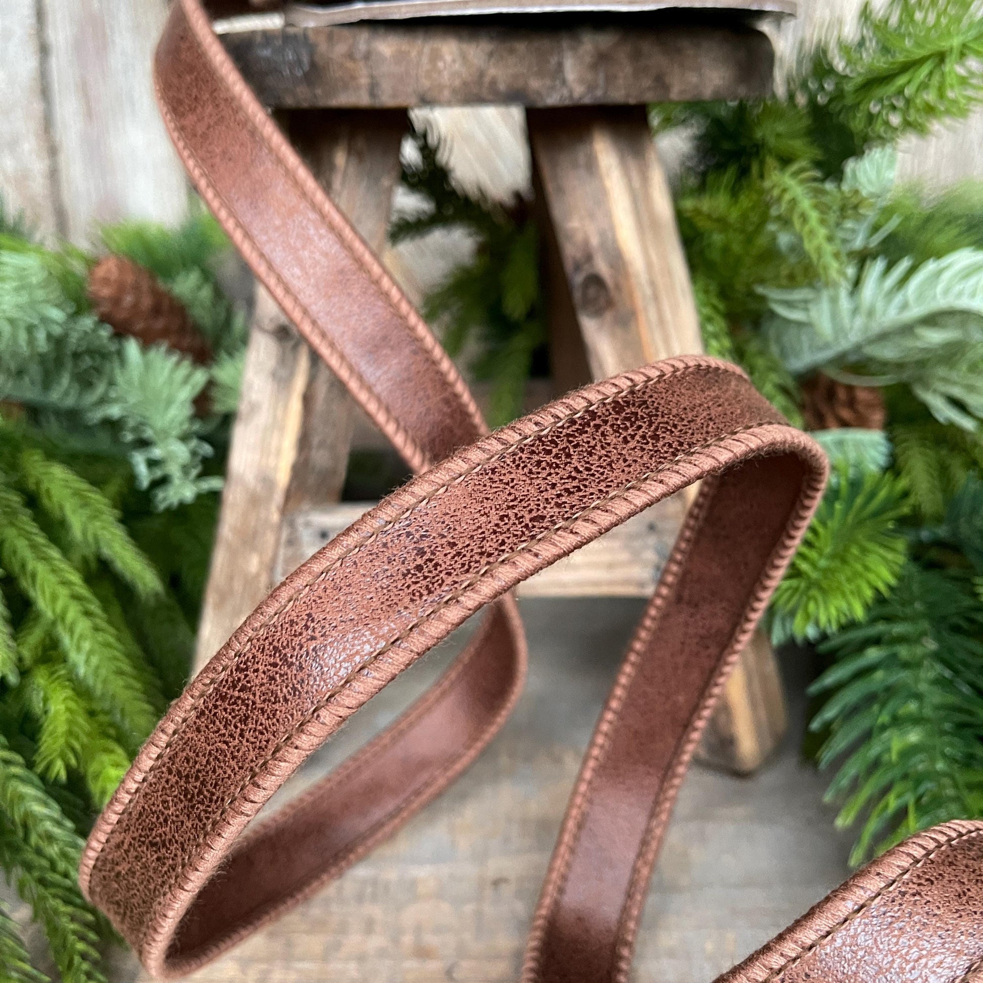 7/8" Brown Leather Ribbon, Wired Ribbon, Rustic Ribbon, Country Ribbon, Leather Ribbon,