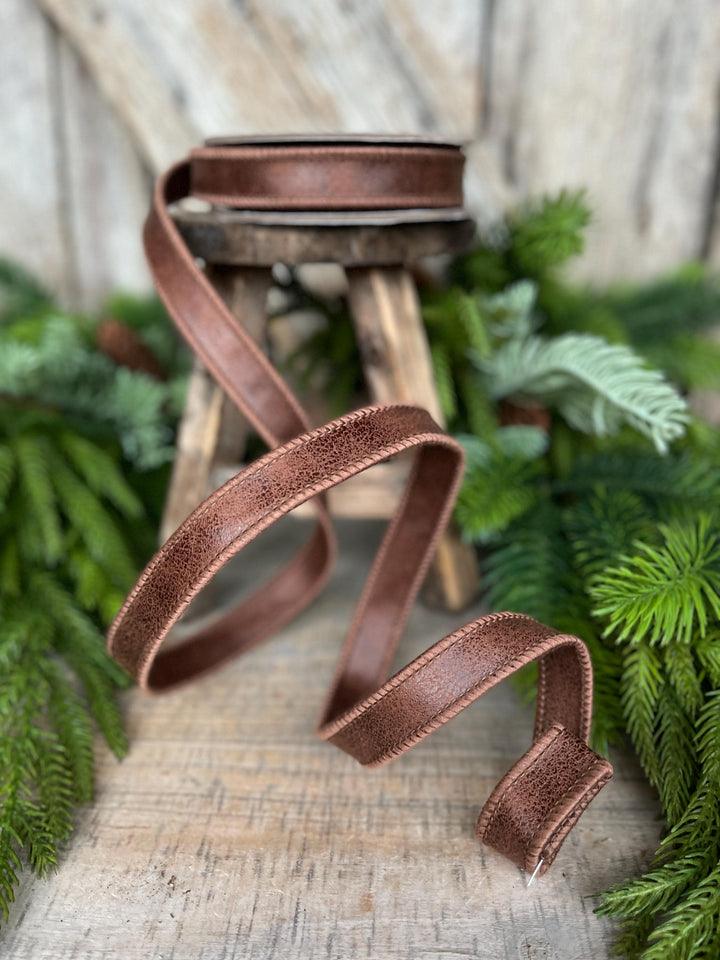 7/8" Brown Leather Ribbon, Wired Ribbon, Rustic Ribbon