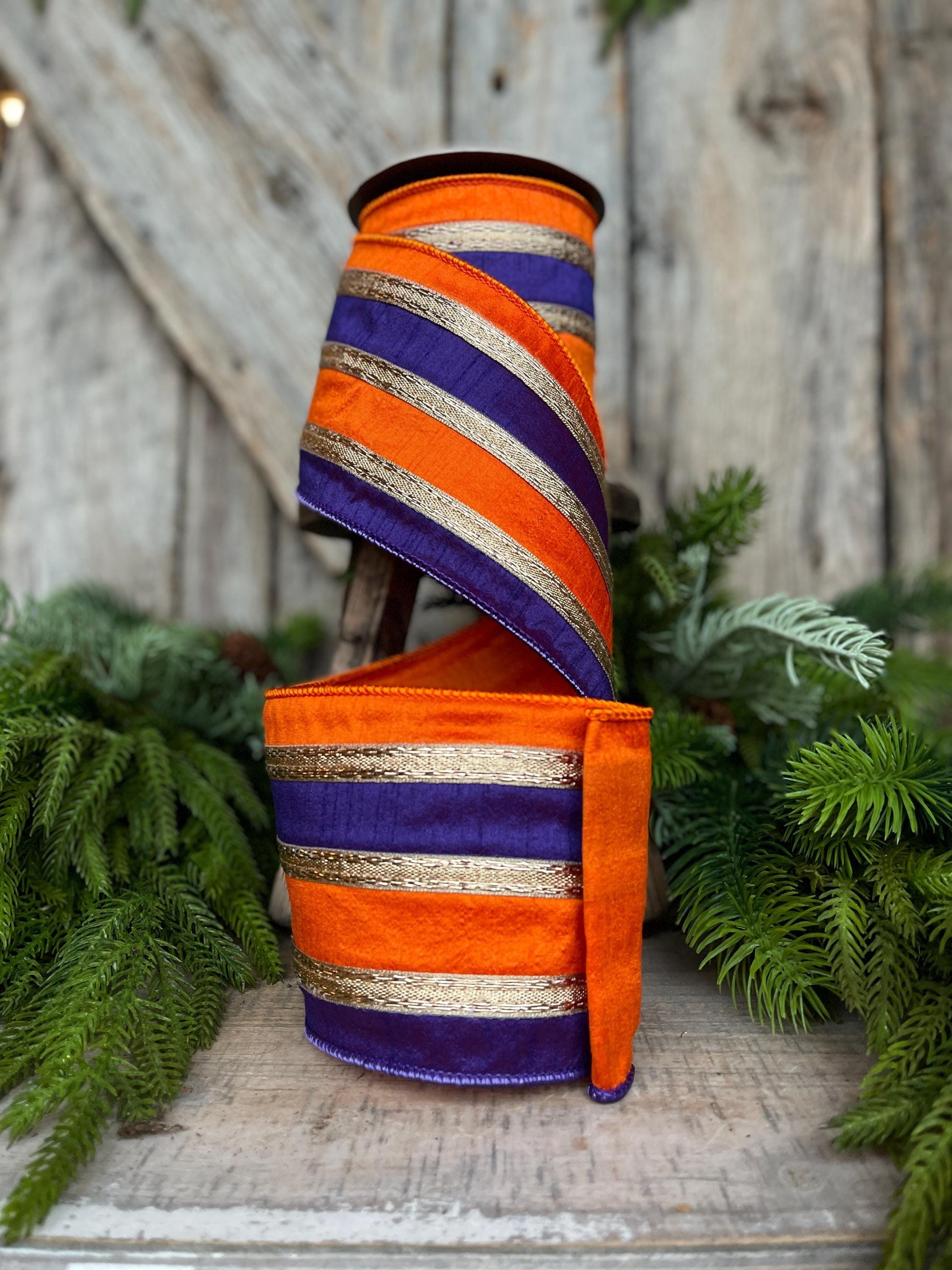 4" Halloween Ribbon, Wired Ribbon, Purple Orange Gold Ribbon, Halloween Decor, 94509W-884-10D