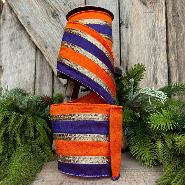 4" Halloween Ribbon, Wired Ribbon, Purple Orange Gold Ribbon