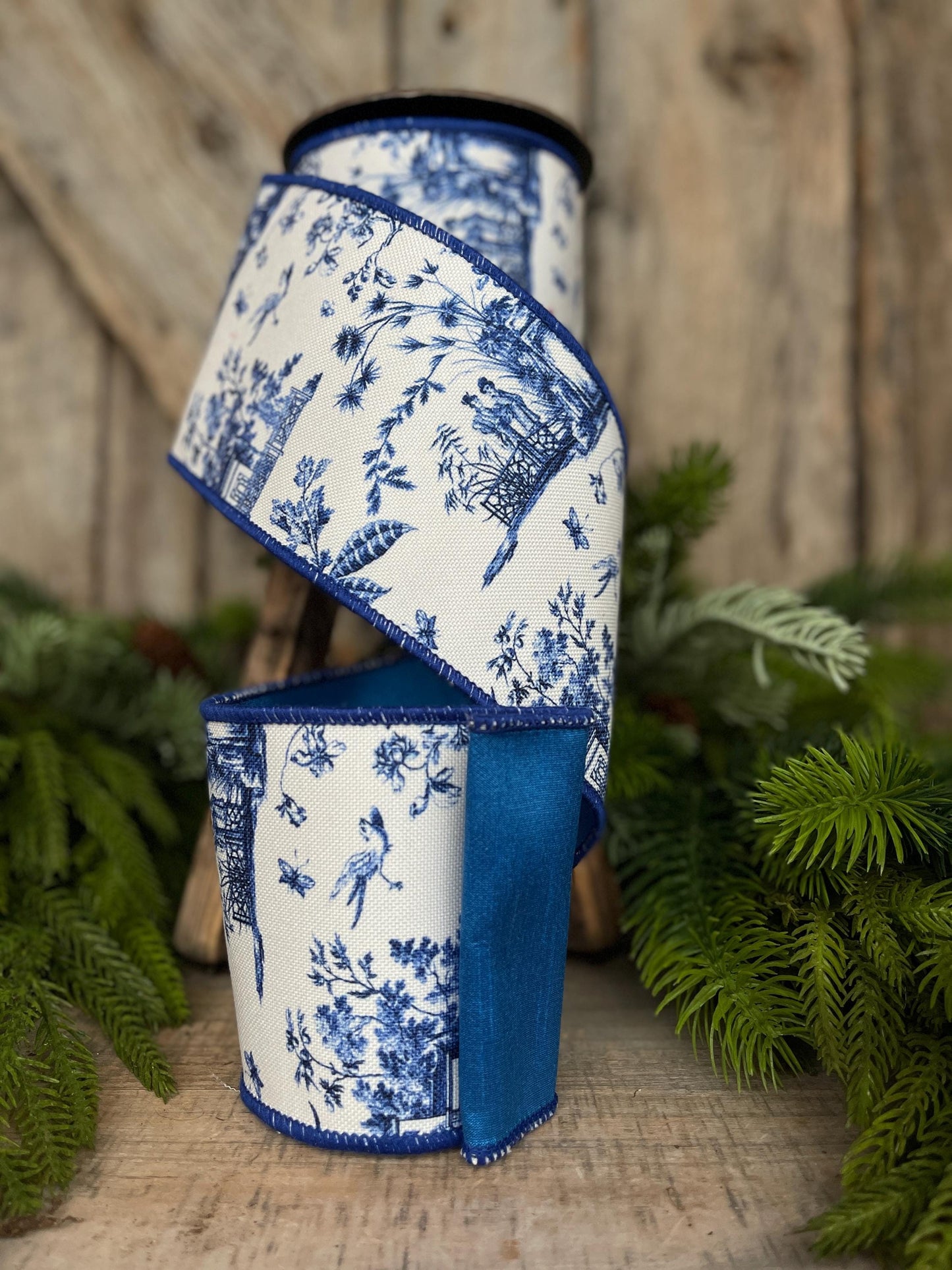 4" Blue Chinoiserie Ribbon, Blue and White Chinoiserie Ribbon, Wired RIbbon