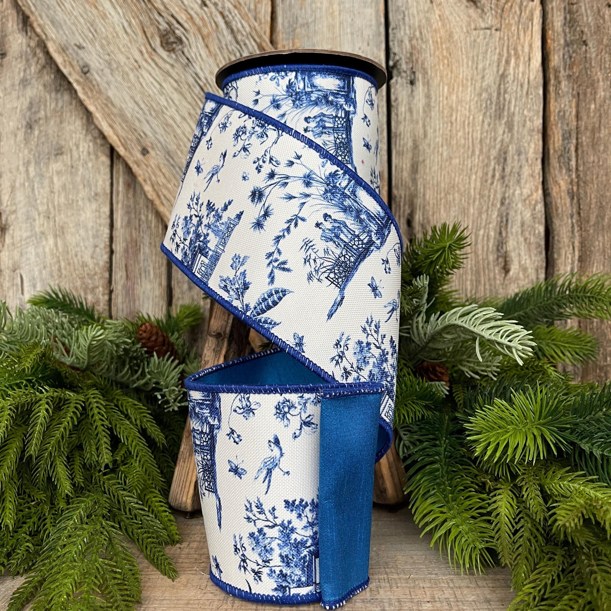 4" Blue Chinoiserie Ribbon, Blue and White Chinoiserie Ribbon, Wired RIbbon