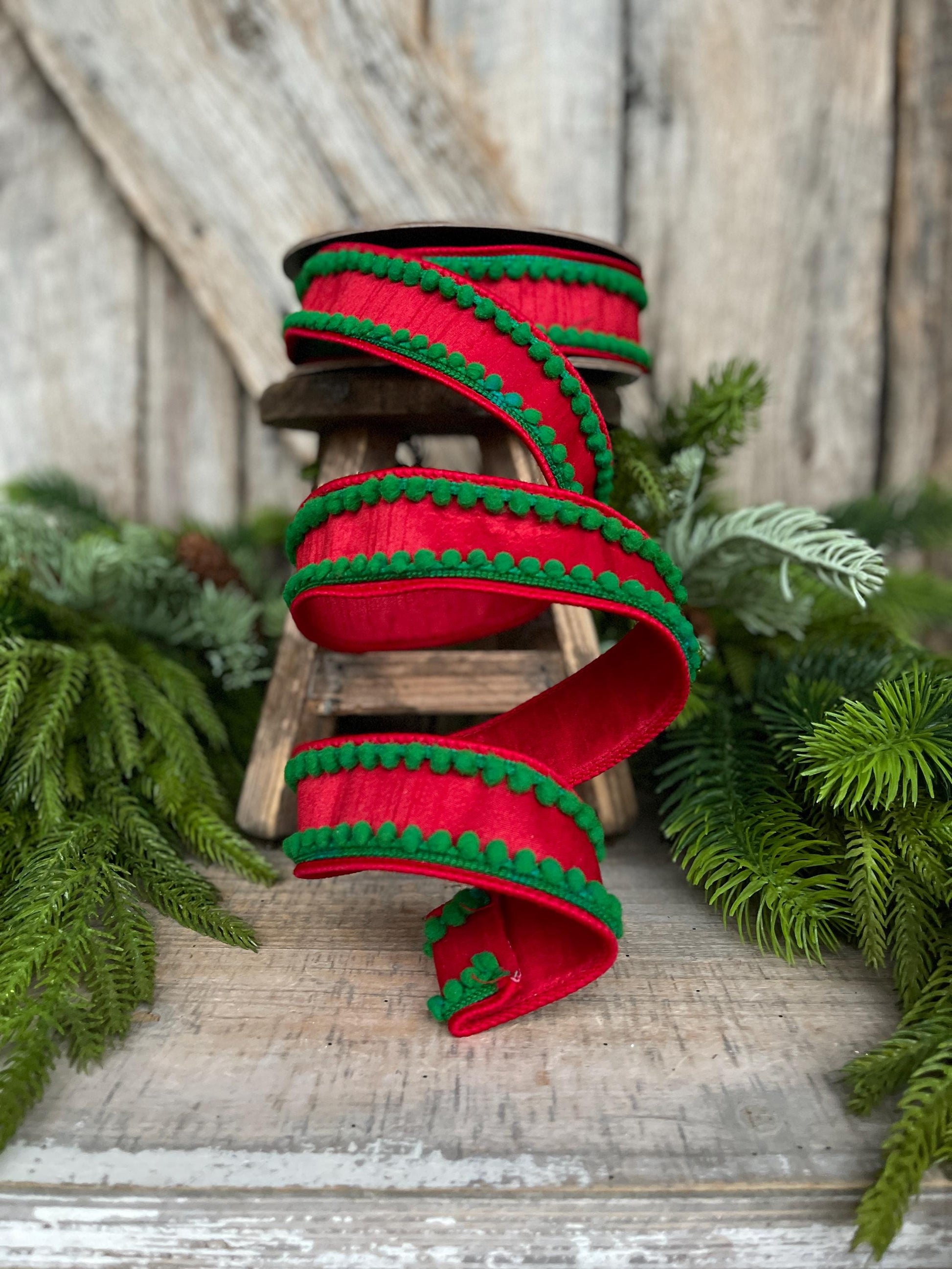 1.5" Christmas Ribbon, Wired Ribbon, Pom Pom Ribbon, Christmas Pom Pom Ribbon, Christmas Decor, Red Green Ribbon, 94597W-985-05D