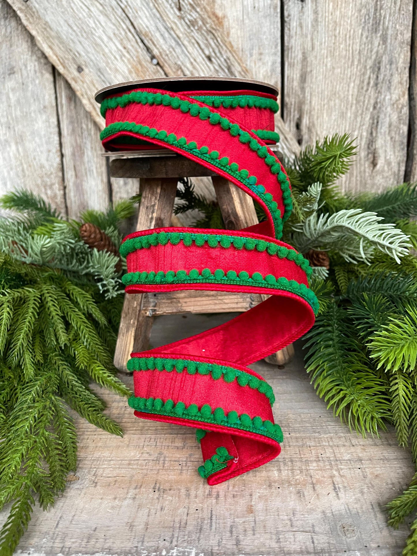 1.5" Christmas Ribbon, Wired Ribbon, Pom Pom Ribbon, Christmas Pom Pom Ribbon, Christmas Decor, Red Green Ribbon, 94597W-985-05D