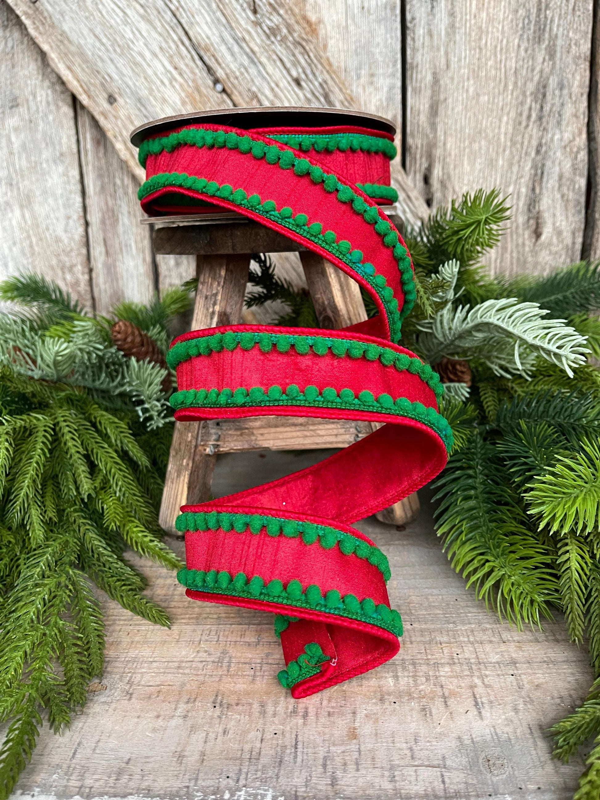 1.5" Christmas Ribbon, Wired Ribbon, Pom Pom Ribbon, Christmas Pom Pom Ribbon, Christmas Decor, Red Green Ribbon, 94597W-985-05D